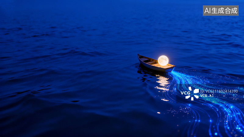 【AI数字艺术】文艺风小船里的月亮，蓝色文艺风小船图片素材