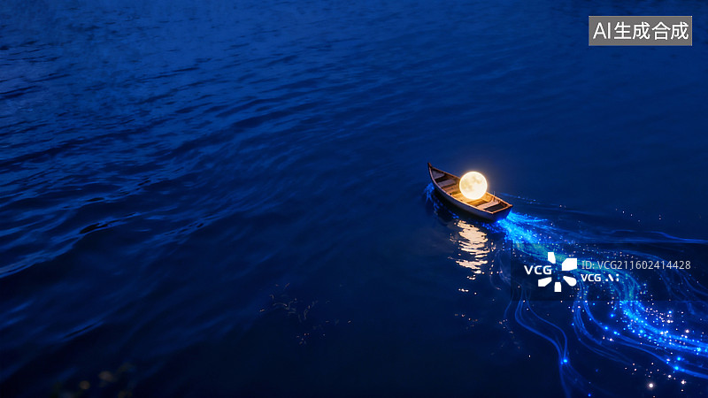 【AI数字艺术】文艺风小船里的月亮，蓝色文艺风小船图片素材