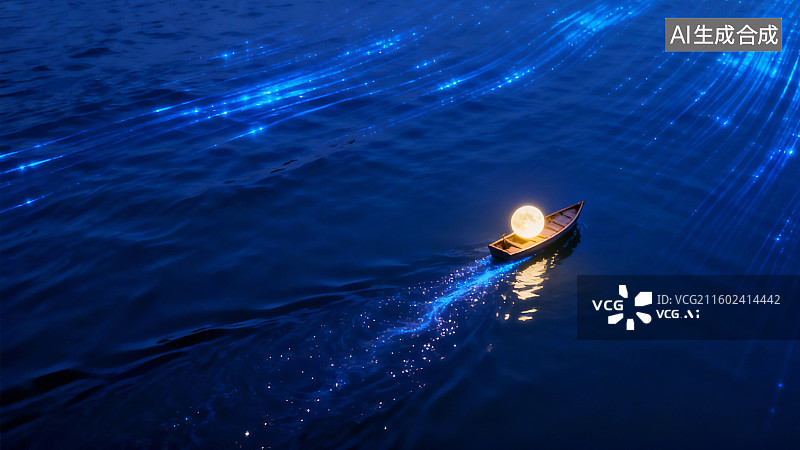 【AI数字艺术】文艺风小船里的月亮，蓝色文艺风小船图片素材