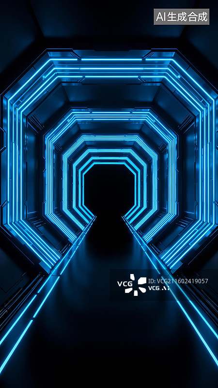 【AI数字艺术】蓝色隧道科技风未来空间场景图片素材