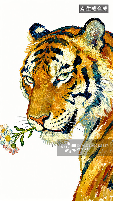 【AI数字艺术】叼着花的虎 儿童插画幽默版十二生肖图片素材