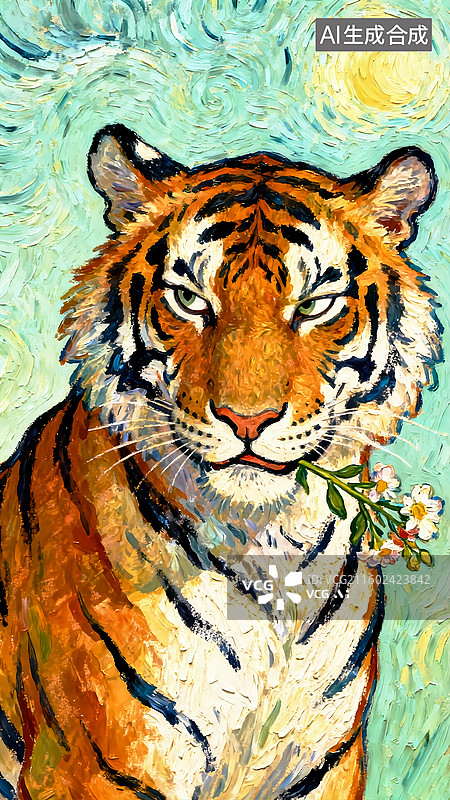 【AI数字艺术】叼着花的虎 儿童插画幽默版十二生肖图片素材