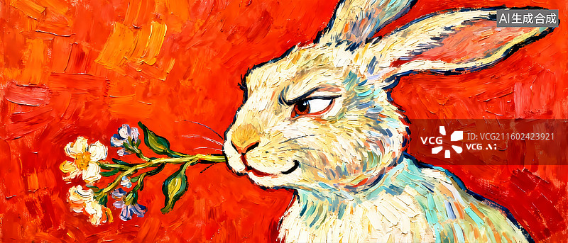 【AI数字艺术】叼着花的兔 儿童插画幽默版十二生肖图片素材