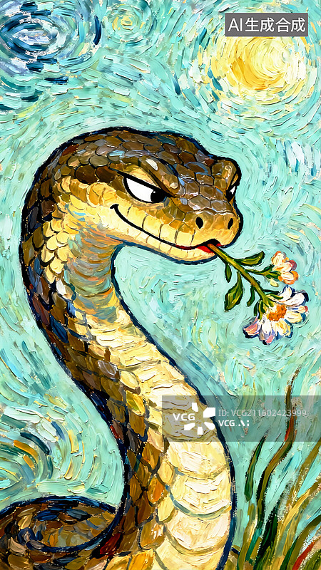 【AI数字艺术】叼着花的蛇 儿童插画幽默版十二生肖图片素材