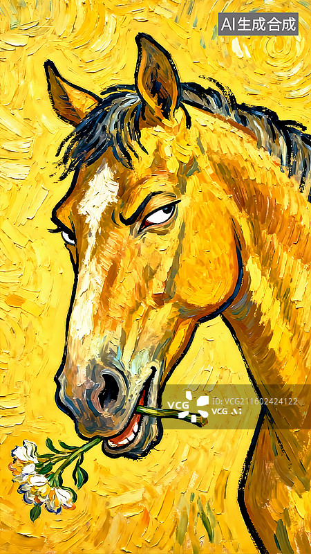 【AI数字艺术】叼着花的马 儿童插画幽默版十二生肖图片素材