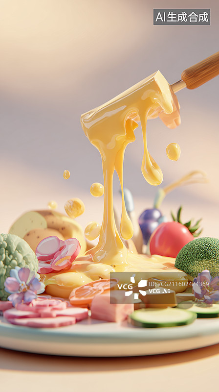 【AI数字艺术】融化的奶酪淋在蔬菜水果上图片素材