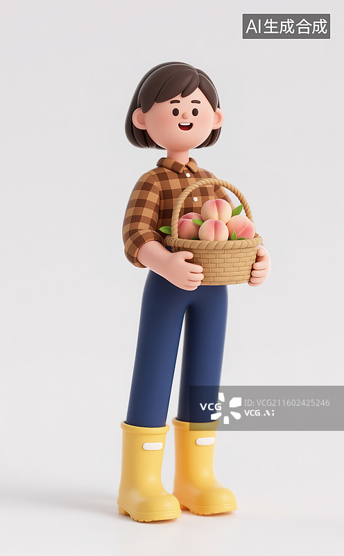 【AI数字艺术】抱着一筐桃的农民3d插画图片素材