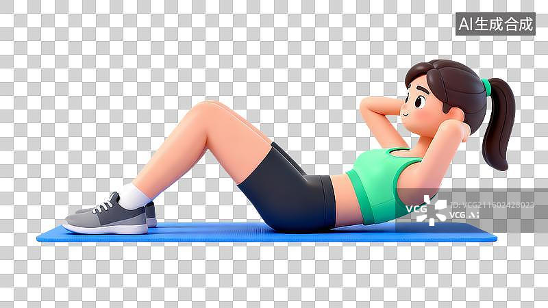 【AI数字艺术】3D卡通女性仰卧起坐健身形象插画图片素材