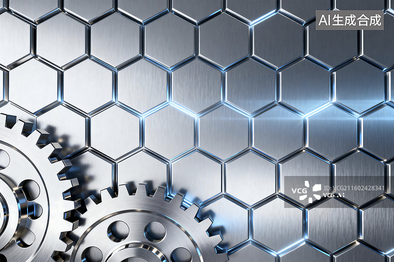 【AI数字艺术】金属六边形齿轮机械概念图图片素材