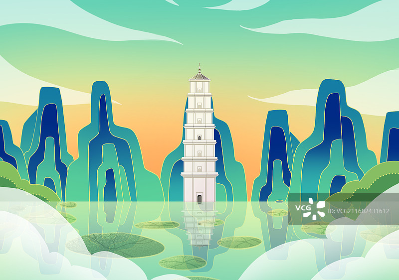 绿色新中式国潮风城市系列插画福建福州白塔图片素材