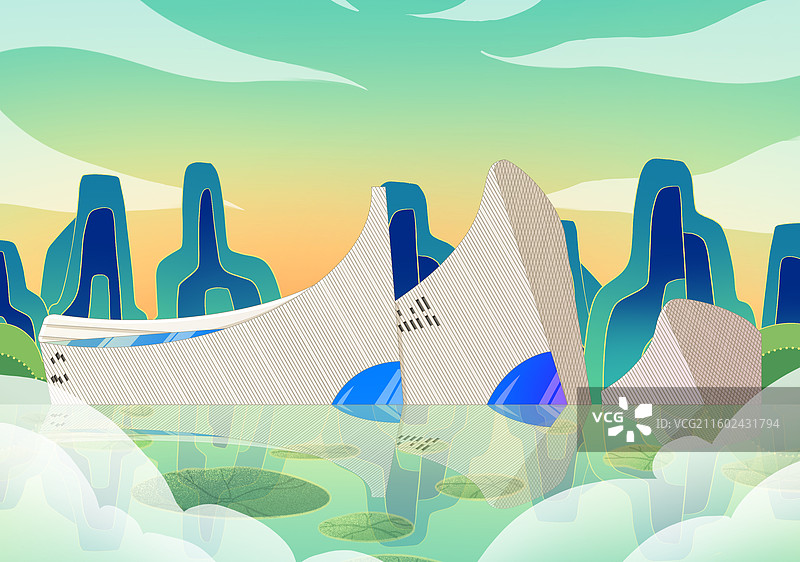 绿色新中式国潮风城市系列插画福建福州海峡文化艺术中心图片素材