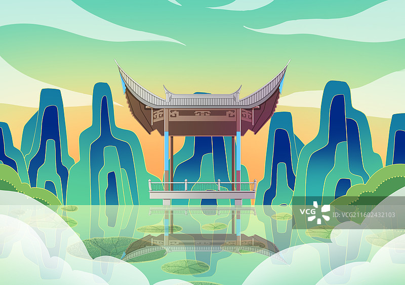 绿色新中式国潮风城市系列插画福建福州水榭戏台图片素材