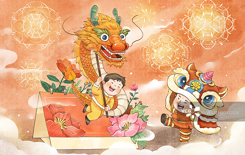 手绘水彩元旦跨年日历舞龙舞狮可爱治愈系横图插画图片素材