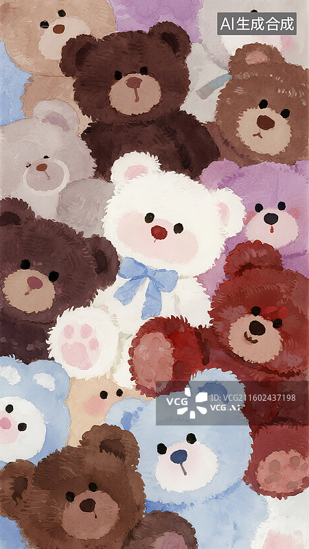 【AI数字艺术】水彩插画许多超大深棕色白色淡蓝色淡粉色淡红色淡紫色超绒球可爱小熊，超近景超大特写铺满全屏，极富柔光画图片素材