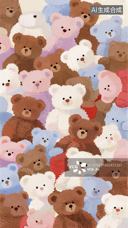 【AI数字艺术】水彩插画许多超大深棕色白色淡蓝色淡粉色淡红色淡紫色超绒球可爱小熊，超近景超大特写铺满全屏，极富柔光画图片素材