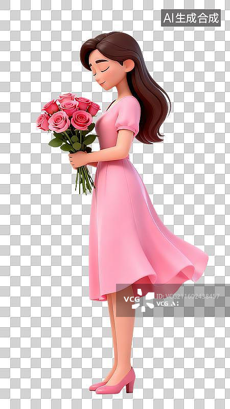 【AI数字艺术】3D卡通妇女节女性拿着一束花朵低着头图片素材