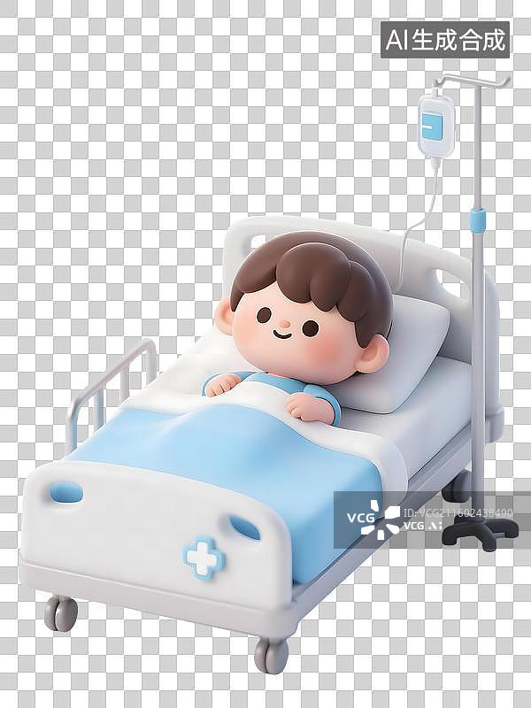 【AI数字艺术】AIGC:3D卡通躺在医院病床上的的病人，正在输液，医疗健康，设计元素，免抠图形图片素材