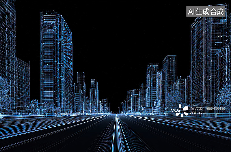【AI数字艺术】未来城市夜景线框图图片素材