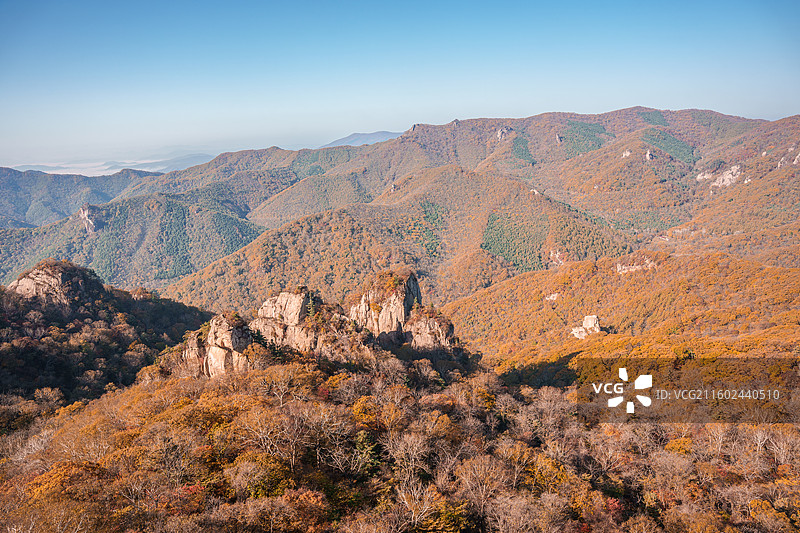 秋季丹东天桥沟风景区红叶五彩森林悬崖风光图片素材