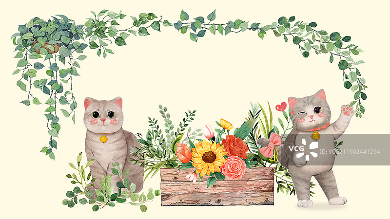 插画二维水彩风猫咪植物植被鲜花花朵吊兰图片素材