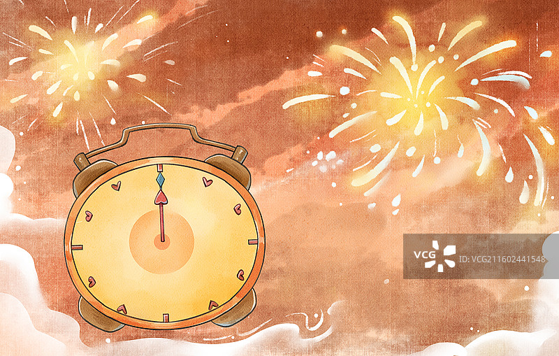 手绘水彩元旦跨年时钟烟花红色横图背景图片素材