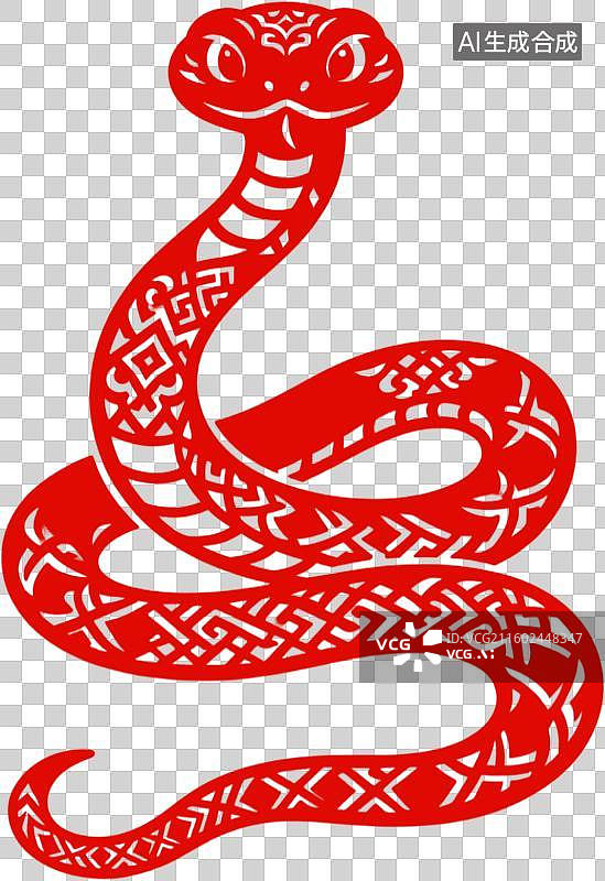 【AI数字艺术】中国风红色十二生肖蛇窗花剪纸图片素材