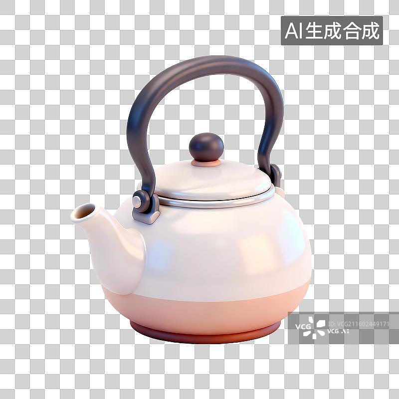 【AI数字艺术】白色茶壶水壶3D卡通立体轻拟物风格光滑质感清新物品素材图片素材