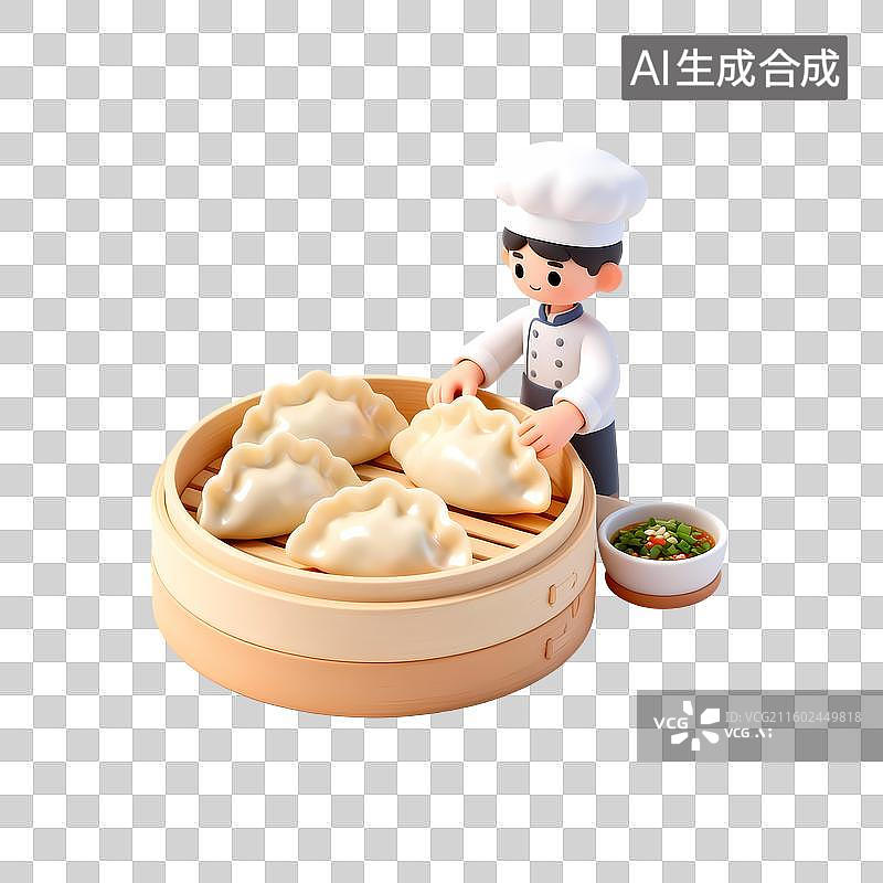 【AI数字艺术】小人厨师包饺子3D卡通立体轻拟物风格光滑质感清新物品素材图片素材