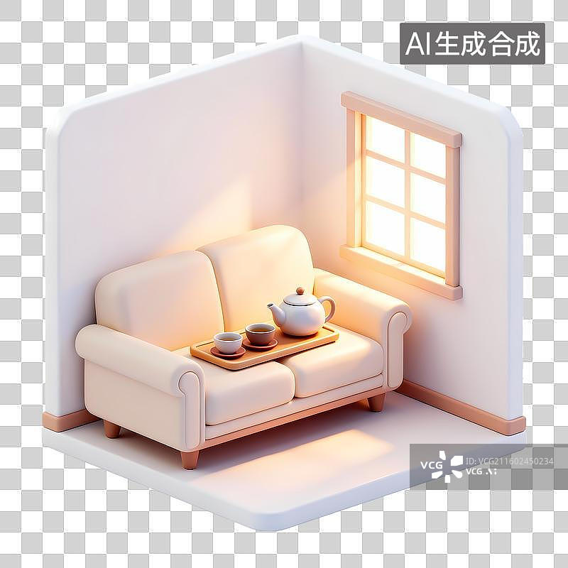 【AI数字艺术】室内沙发游戏样板间3D卡通立体轻拟物风格光滑质感清新物品素材图片素材