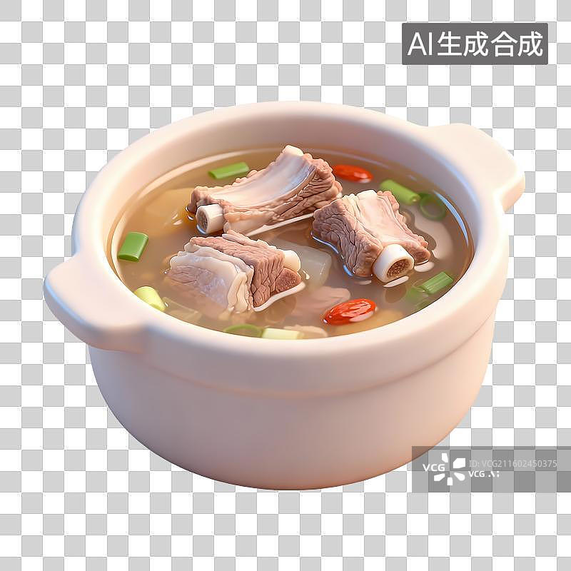 【AI数字艺术】羊肉汤砂锅3D卡通立体轻拟物风格光滑质感清新物品元素图片素材