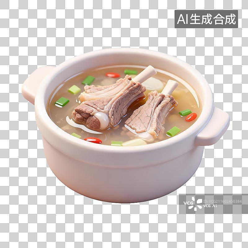 【AI数字艺术】羊肉汤砂锅3D卡通立体轻拟物风格光滑质感清新物品元素图片素材