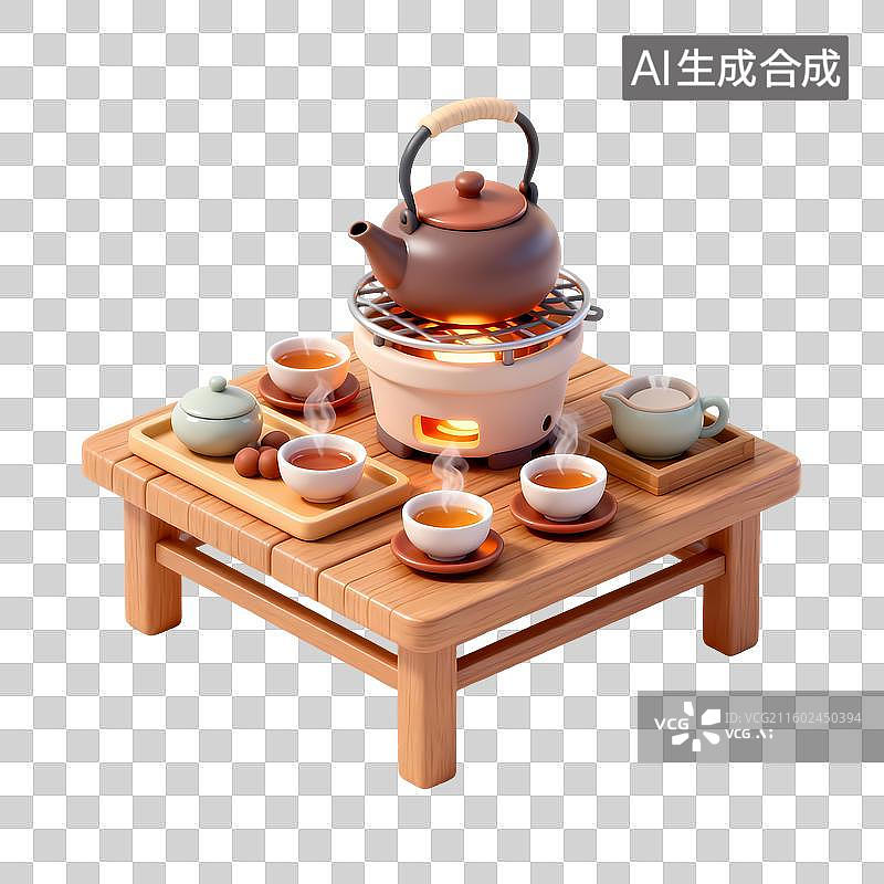 【AI数字艺术】围炉煮茶3D卡通立体轻拟物风格光滑质感清新物品元素图片素材