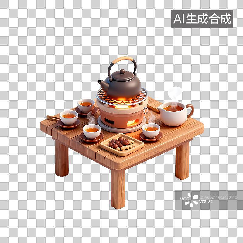 【AI数字艺术】围炉煮茶3D卡通立体轻拟物风格光滑质感清新物品元素图片素材