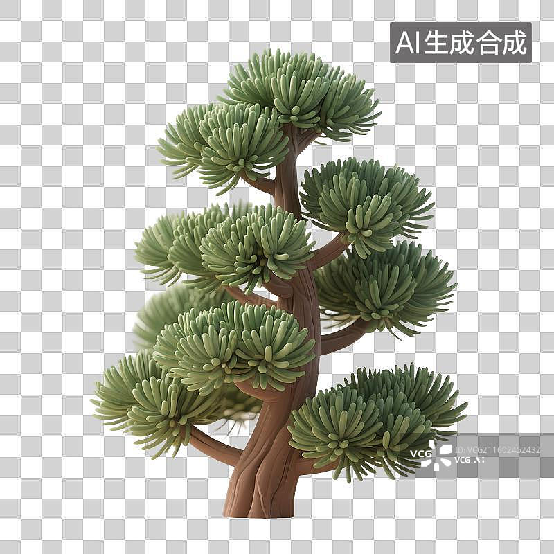 【AI数字艺术】3D渲染国风元素，罗汉松盆景，文房清供，松树盆栽，中式植物花卉，免抠元素图片素材