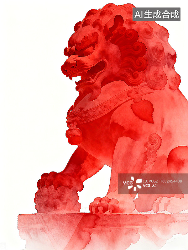 【AI数字艺术】红色石狮子雕塑威武雄壮，细节精致，展现出传统艺术的魅力图片素材