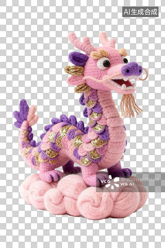 【AI数字艺术】粉色钩织龙立于云朵上图片素材