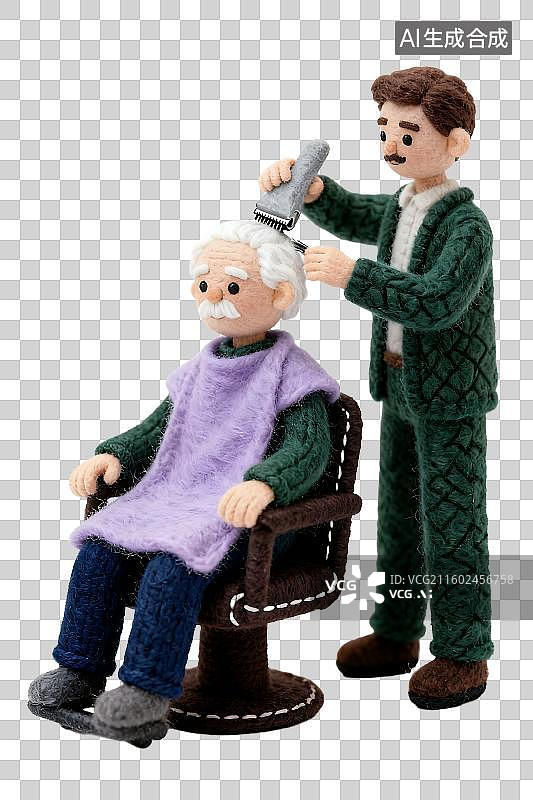 【AI数字艺术】毛毡人偶理发师为老人理发图片素材