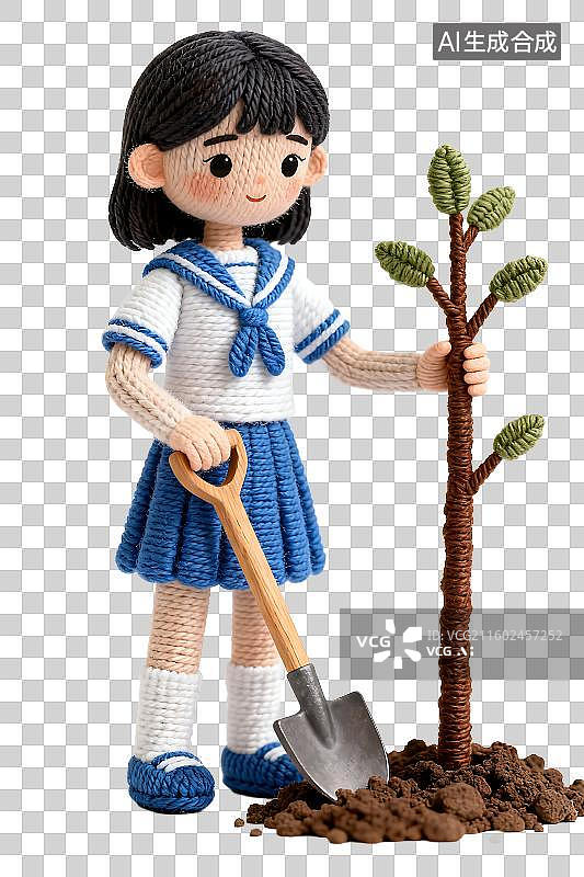 【AI数字艺术】钩针女孩户外植树图片素材