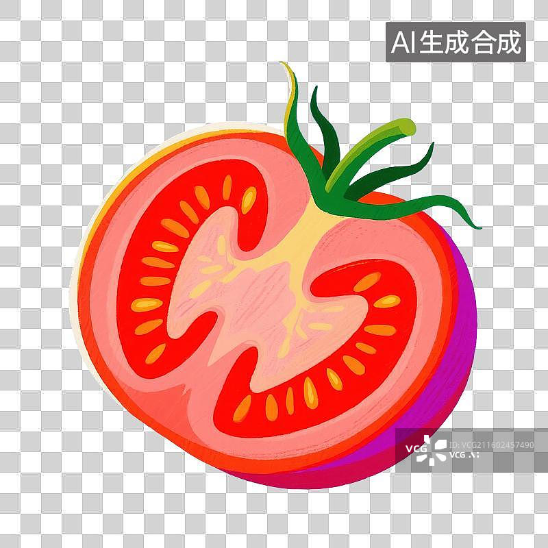 【AI数字艺术】手绘插画，切开的番茄，一个新鲜西红柿，蔬菜水果，食材免抠元素图片素材