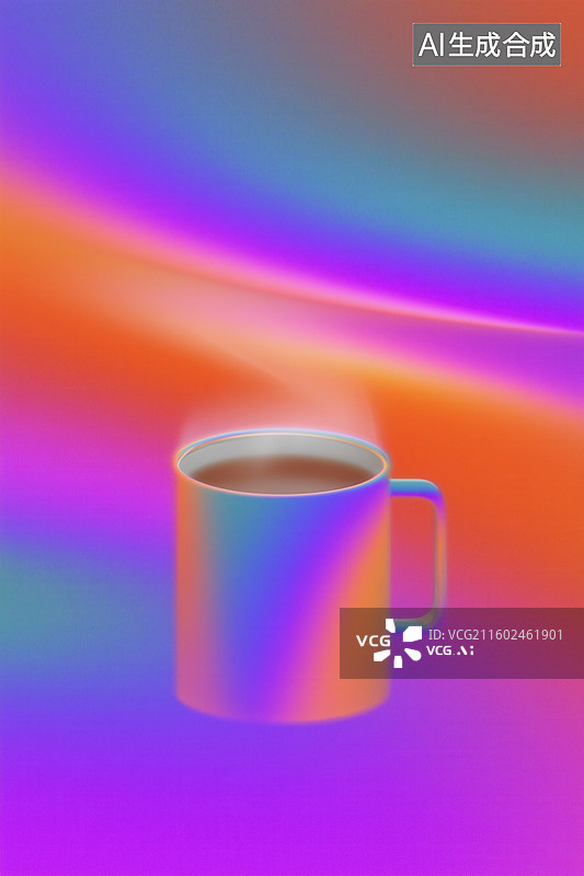 【AI数字艺术】抽象蒸汽波荧光色虚化咖啡杯茶杯3D立体图像插画图片素材