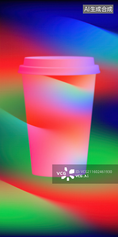 【AI数字艺术】抽象蒸汽波荧光色虚化咖啡杯茶杯3D立体图像插画图片素材