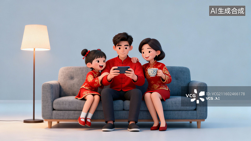 【AI数字艺术】春节着盛装坐在沙发上看手机的家庭3D卡通插画图片素材