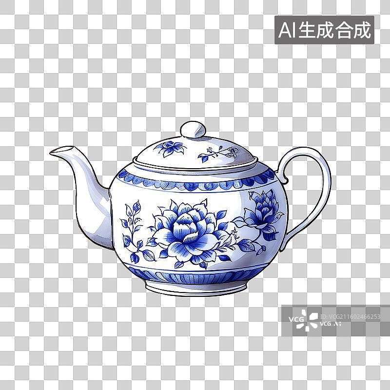 【AI数字艺术】国风手绘插画，青花瓷茶具，茶壶茶杯，春茶，茶叶，茶文化，茶道，免抠元素图片素材
