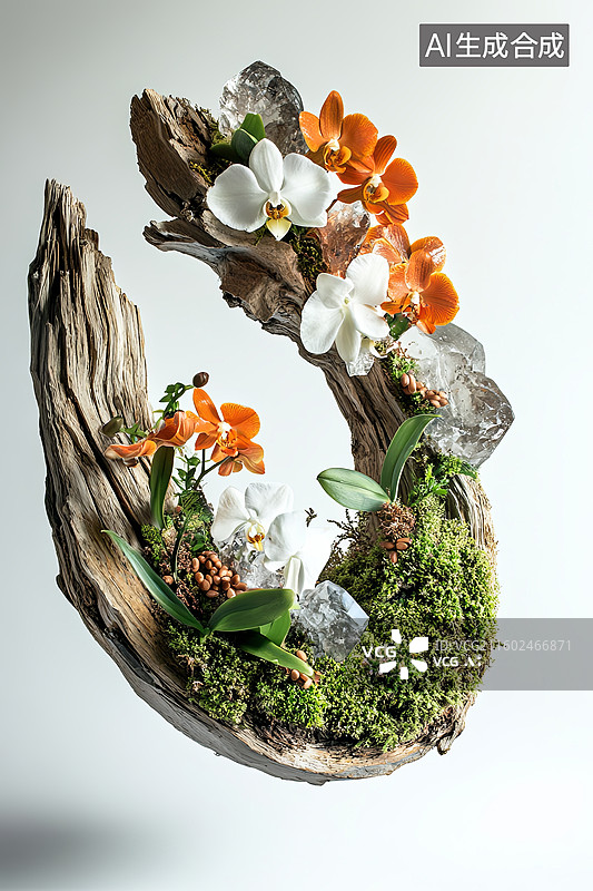 【AI数字艺术】枯木盆景中的兰花与苔藓图片素材