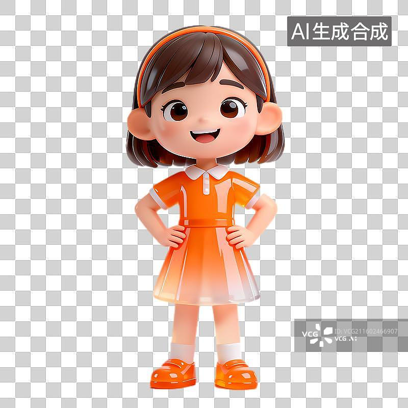 【AI数字艺术】穿着橙色连衣裙的可爱卡通女孩图片素材