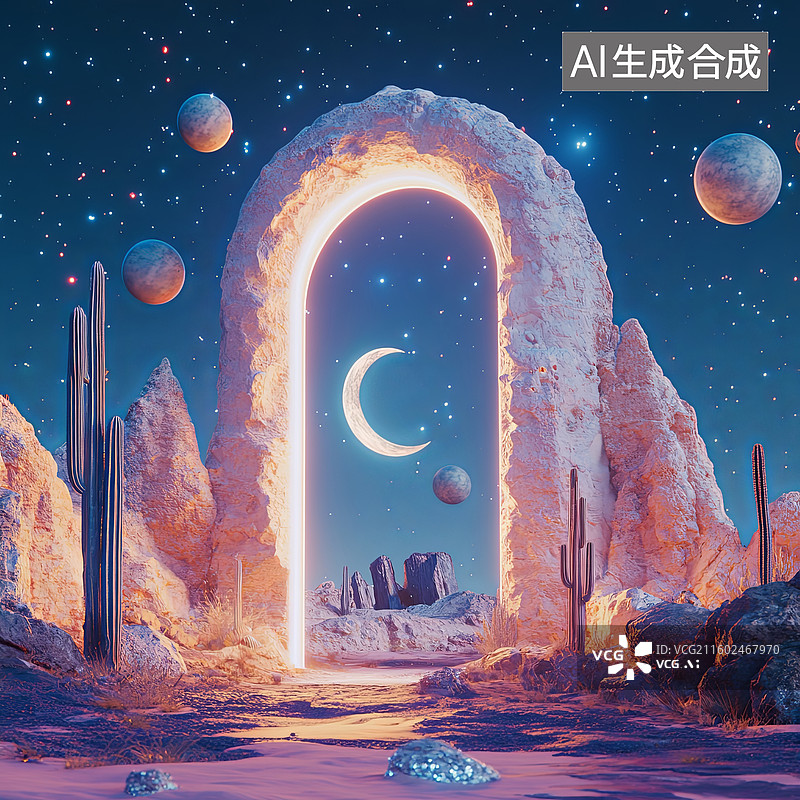 【AI数字艺术】星空下的神秘拱门图片素材