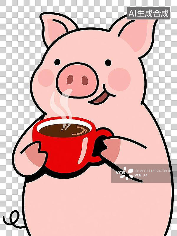 【AI数字艺术】治愈系手绘插画，卡通动物，喝咖啡的小猪，秋天，冬天，免抠元素图片素材