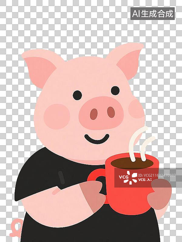 【AI数字艺术】治愈系手绘插画，卡通动物，喝咖啡的小猪，秋天，冬天，免抠元素图片素材