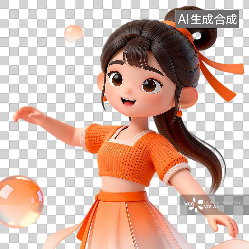 【AI数字艺术】穿着橙色服饰的可爱3D卡通女孩图片素材