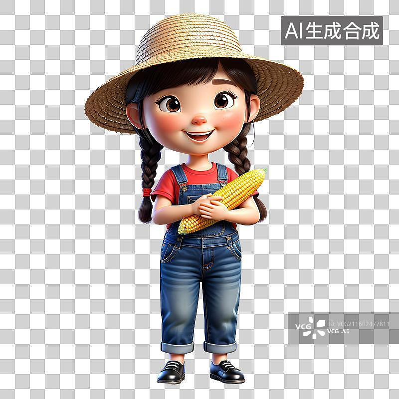 【AI数字艺术】3D渲染卡通农民，拿着玉米的小朋友，免抠元素图片素材